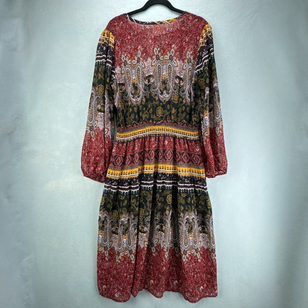 Fig & Flower Dress Womens Large Red Black Pullover Paisley Boho Shirring Tiered - Picture 5 of 15